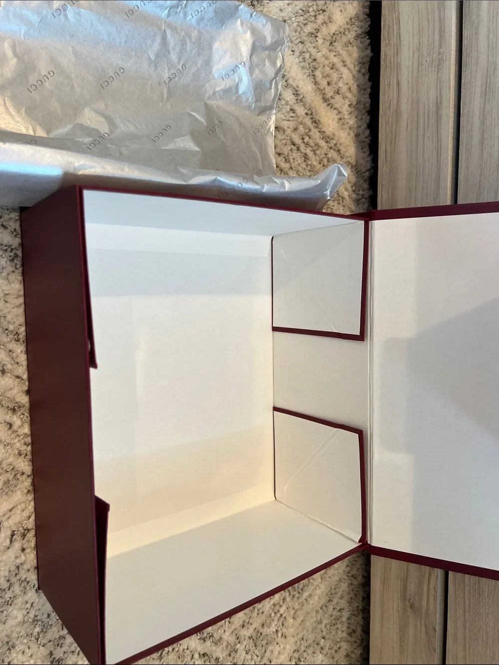 New Gucci Beautiful Burgundy Box with Silver Branded Tissue Sheet